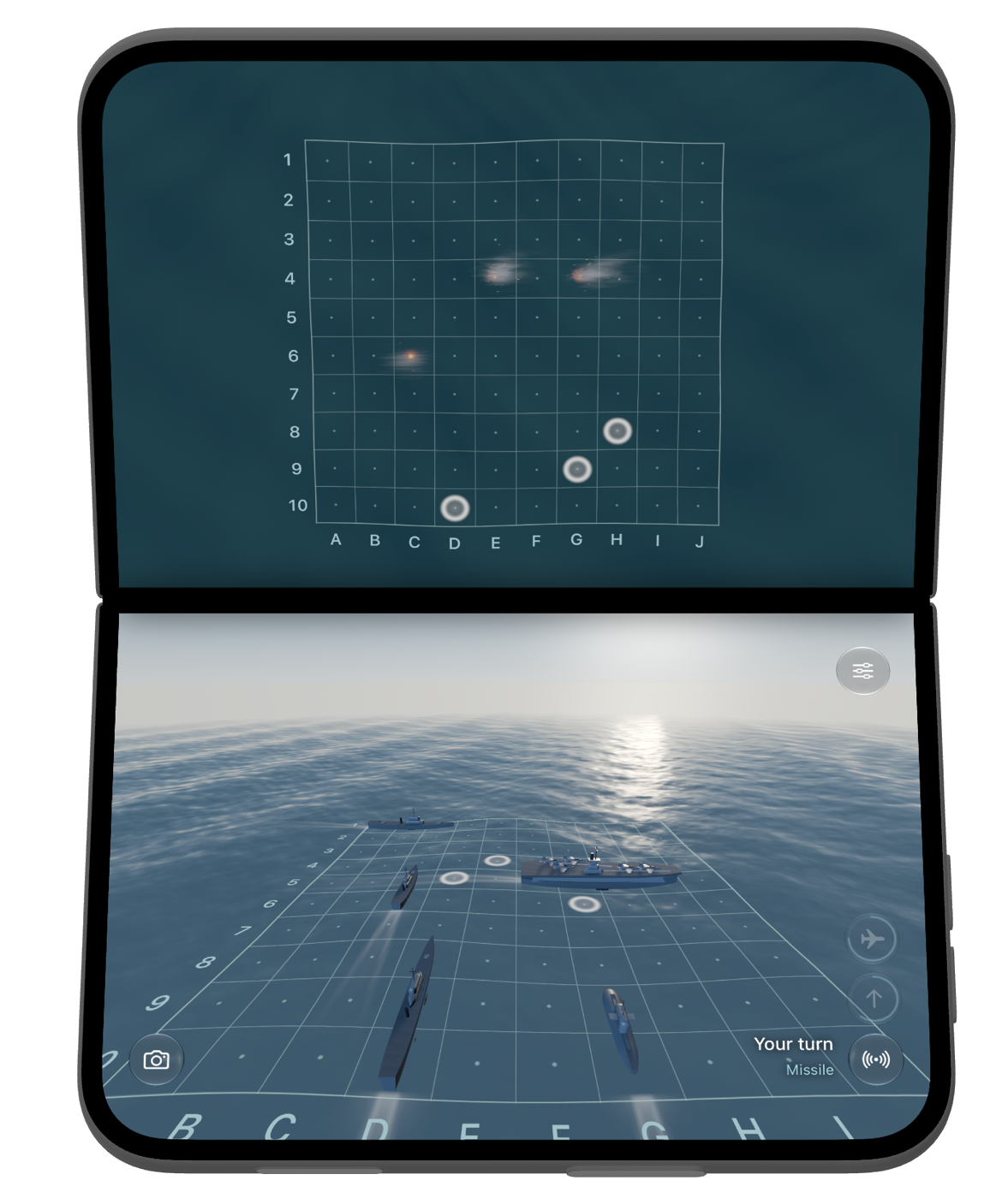 Battlefleet Duo on an open iPhone Duo: the enemy's grid on the top half, your fleet at sea on the bottom half